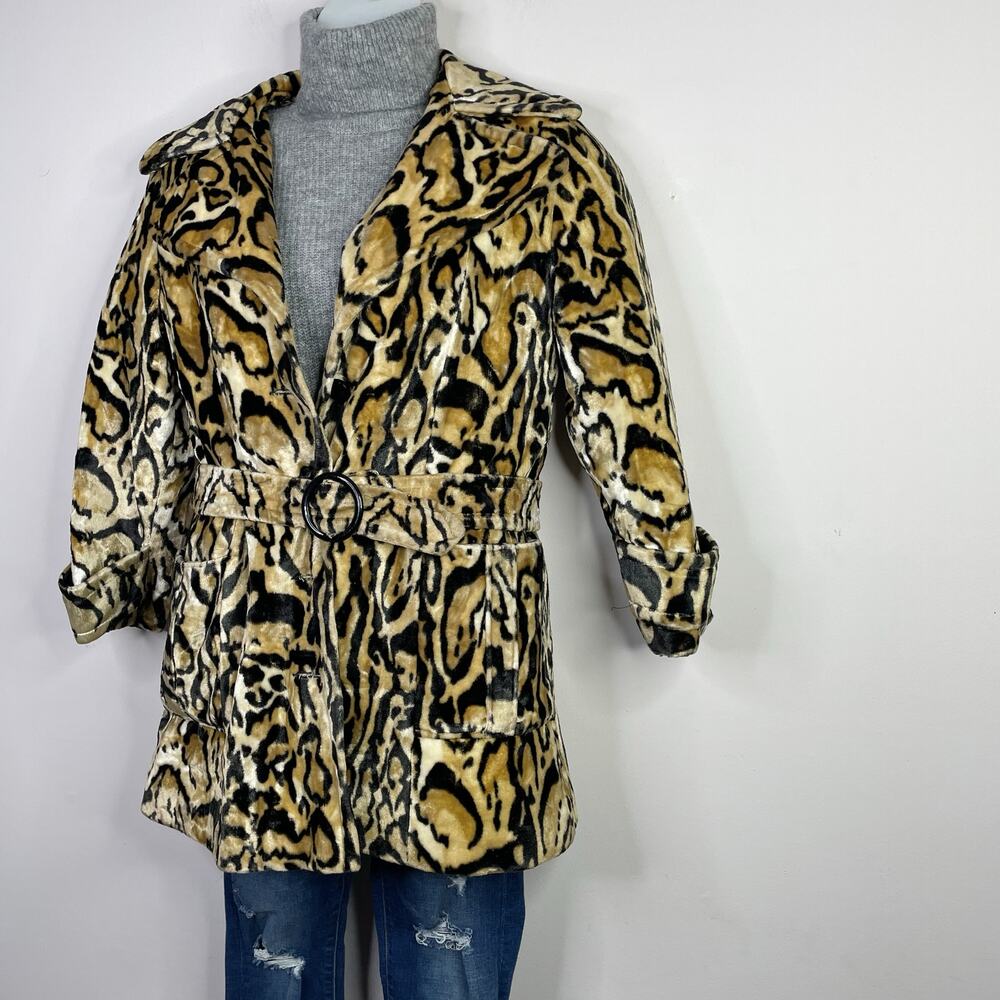 Vintage 60s 70s Glenbrooke Mod Velvet Faux Fur Leopard Ocelot Belted Jacket Coat - Picture 13 of 16